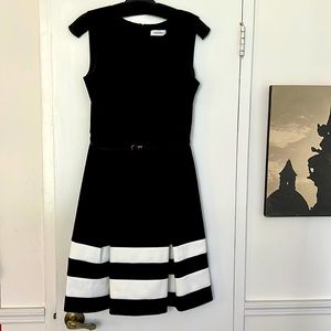 Preppy belted Calvin Klein A-line pleated dress, black and white